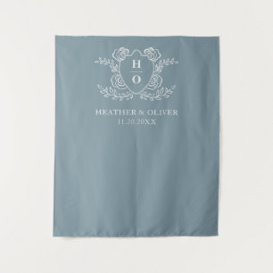 Tapiz Crest Vintage Floral Monograma Boda Azul Polvorien