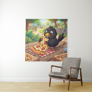 Tapiz Cría de mirlo negro dibujado comiendo pizza