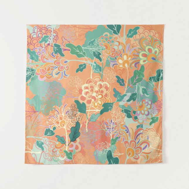 Tapiz Crisantemo chino: patrón naranja floral. (Anverso)