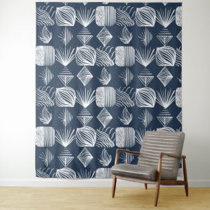 Tapiz Crudo trapo tribal caribeño: azul marino y blanco,