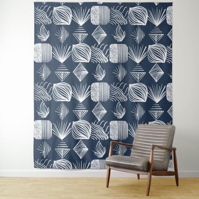 Tapiz Crudo trapo tribal caribeño: azul marino y blanco, (In situ)