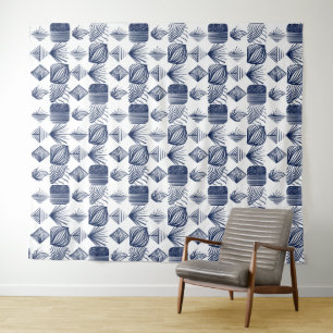 Tapiz Crudo trapo tribal caribeño: blanco, azul marino