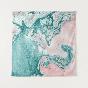 Tapiz Cuadro abstracto, efecto mármol, rosa turquesa.