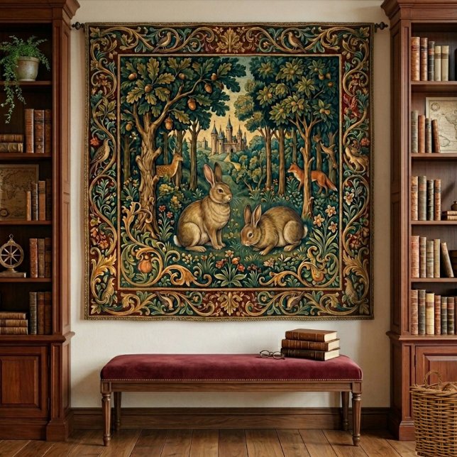 Tapiz Cuento de Hadas Medieval de Conejos en el Bosque d (Add a magical touch to your home with this medieval-style, vintage-look woodland forest tapestry.)
