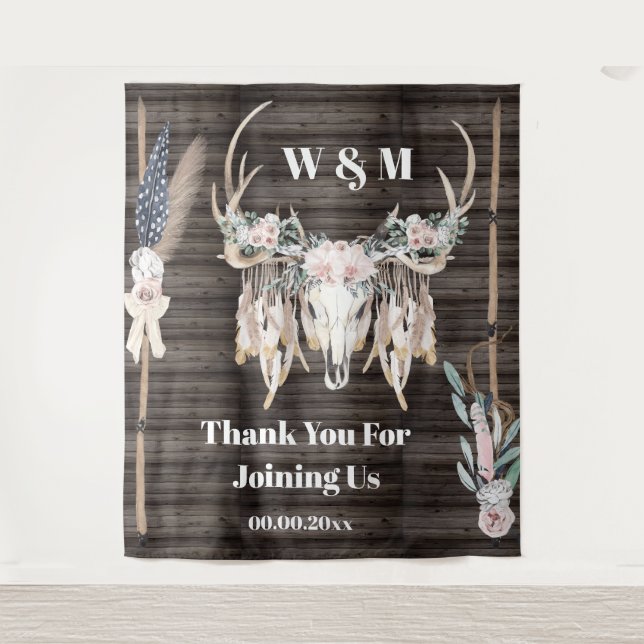 Tapiz Cuerno boho elevado de plumas de madera rústica ca (Anverso)