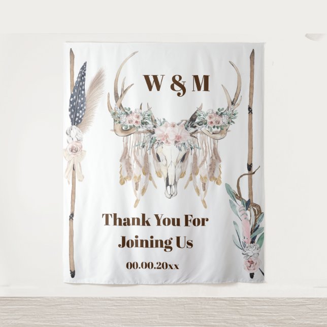 Tapiz Cuerno boho elevándose pluma madera rústica indio (Anverso)