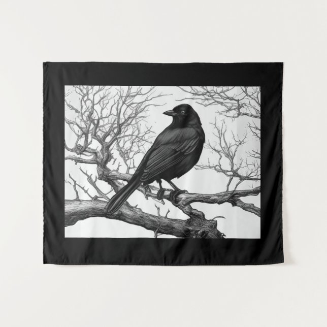 Tapiz Cuervo Posado en Ramas Desnudas de Invierno (Anverso (horizontal))