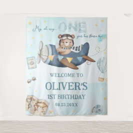 Tapiz Cumpleaños 1º Oso Azul Avión Niño Aventura Lindo