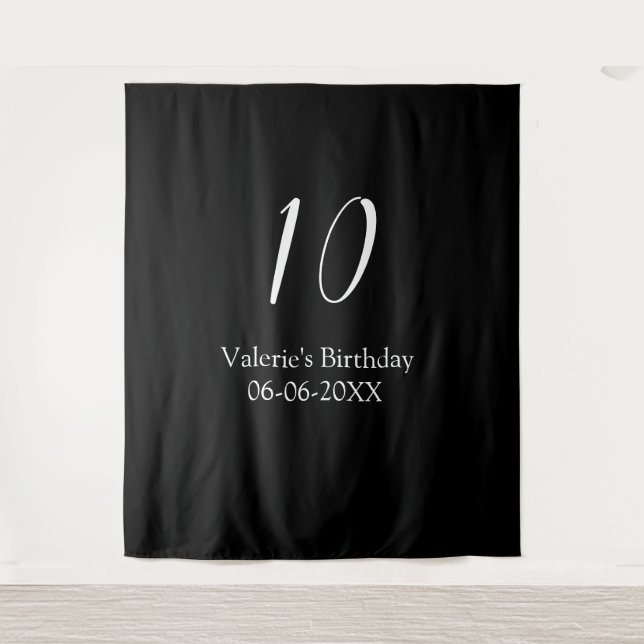Tapiz cumpleaños 10 nombre fecha caligrafía blanco negro (Anverso)