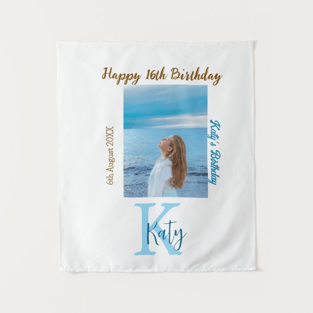 Tapiz Cumpleaños 16 foto nombre azul aguamarina marrón f (Anverso)