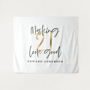 Tapiz Cumpleaños 21 moderno negro y dorado elegante