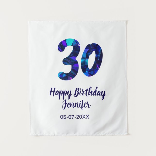 Tapiz cumpleaños 30 añadir nombre fecha año azul destell (Anverso)