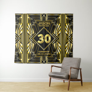 Tapiz Cumpleaños 30 Art Déco Dorado Negro Gran Gatsby