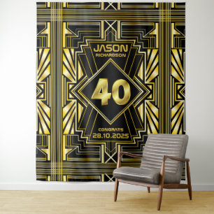 Tapiz Cumpleaños 40 Art Deco Dorado Negro Great Gatsby