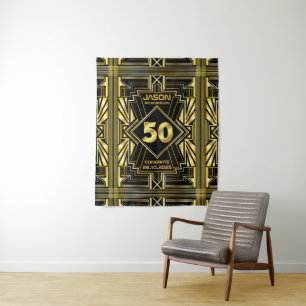 Tapiz Cumpleaños 50 Art Déco Dorado Negro Gran Gatsby