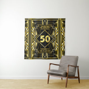 Tapiz Cumpleaños 50 Art Déco Dorado Negro Gran Gatsby