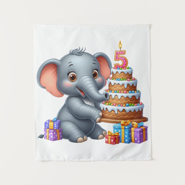 Tapiz Cumpleaños 5 de Elefante Adorable (Anverso)