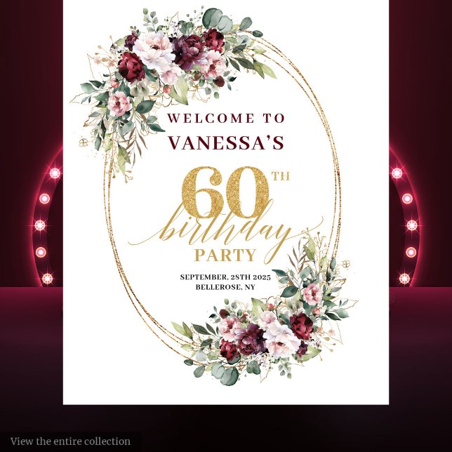 Tapiz Cumpleaños 60 con Estilo Borgoña Oro Eucalipto (Stylish Burgundy Gold Eucalyptus 60th Birthday Banner)