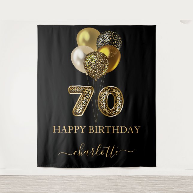 Tapiz Cumpleaños 70 negro oro leopardo guion nombre (Anverso)
