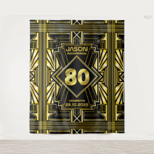Tapiz Cumpleaños 80 Art Deco Dorado Negro Great Gatsby