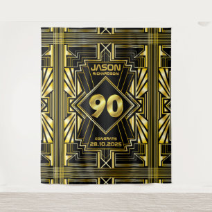 Tapiz Cumpleaños 90 Art Deco Dorado Negro Great Gatsby
