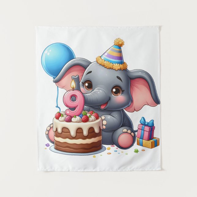 Tapiz Cumpleaños 9 de elefante lindo (Anverso)