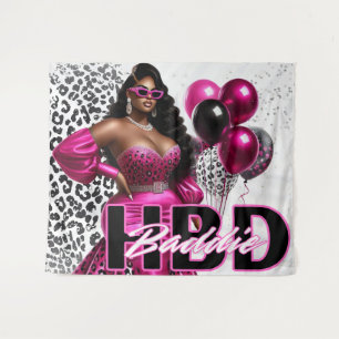 Tapiz Cumpleaños Baddie Mujer Negra Rosa y Leopardo