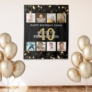 Tapiz Cumpleaños Black Gold Stars 8 Foto personalizada