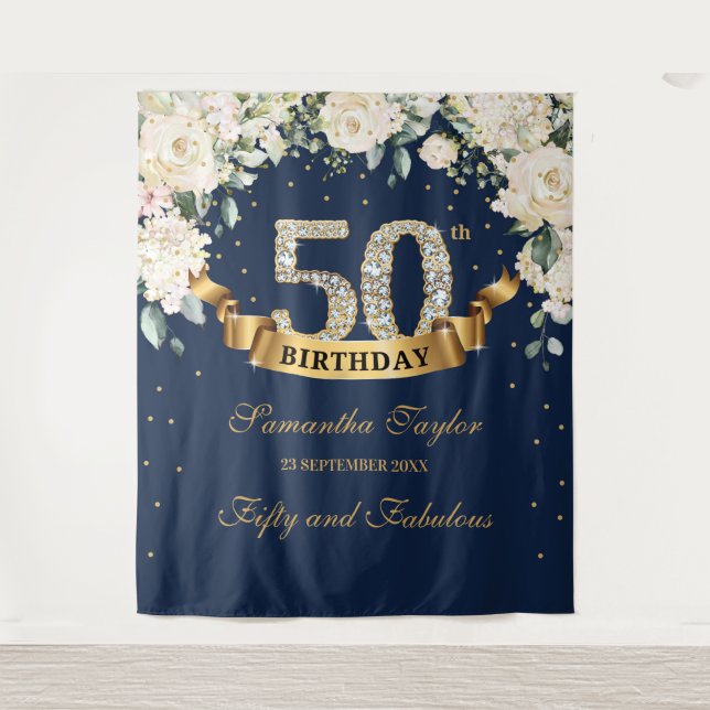 Tapiz Cumpleaños bohemio de verde naval y rosas blancas (Anverso)