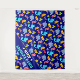 Tapiz Cumpleaños con tema de dinosaurio de color azul ma