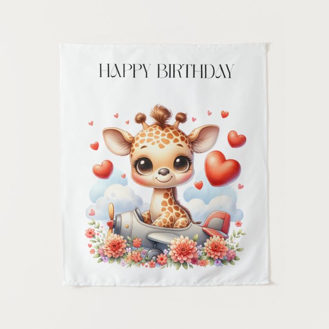 Tapiz Cumpleaños de Avión de Jirafa (Anverso)