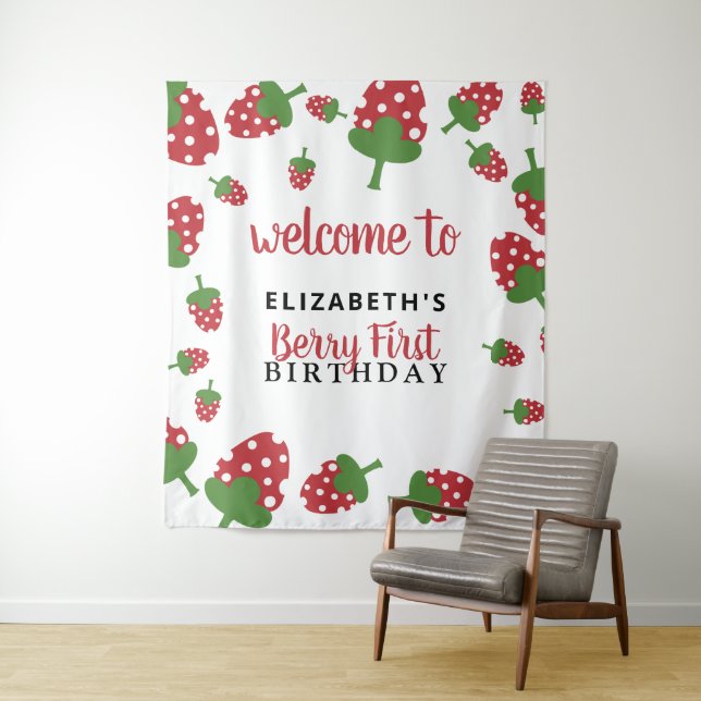 Tapiz Cumpleaños de Berry Primer Cumpleaños Cute Fondo d (In situ)
