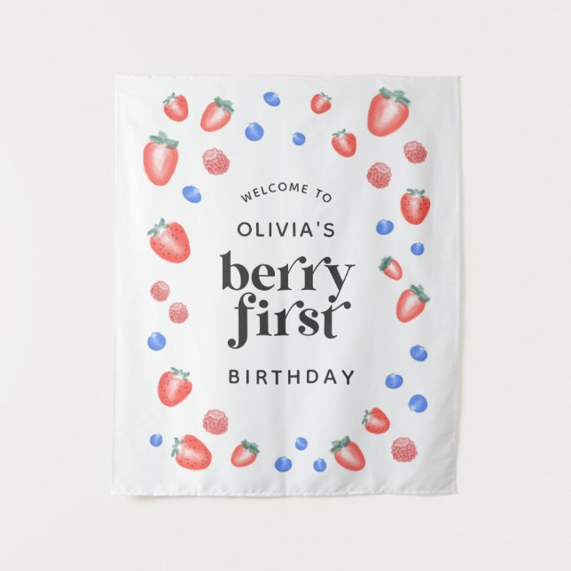 Tapiz Cumpleaños de Berry Primero Fresas Bienvenidos  (Anverso)