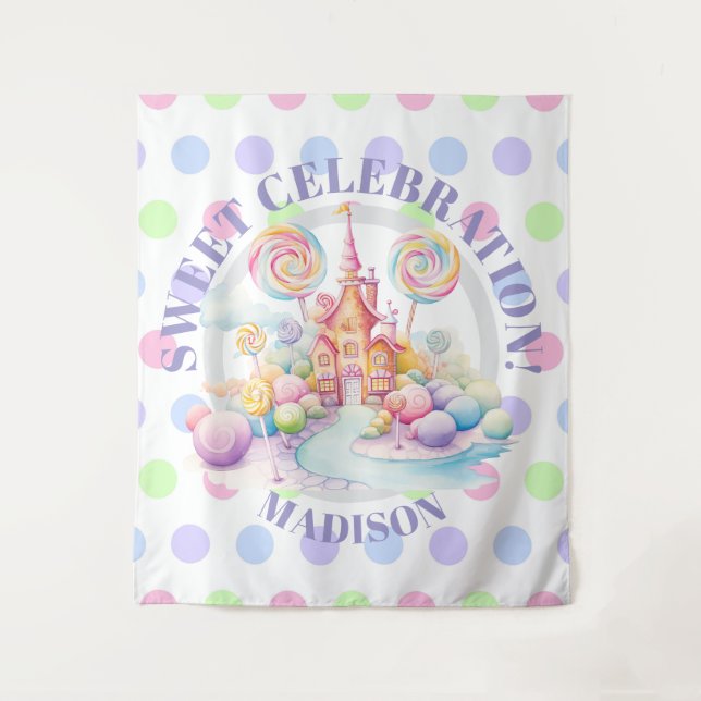 Tapiz Cumpleaños de Candyland con Acuarela Pastel Capric (Anverso)