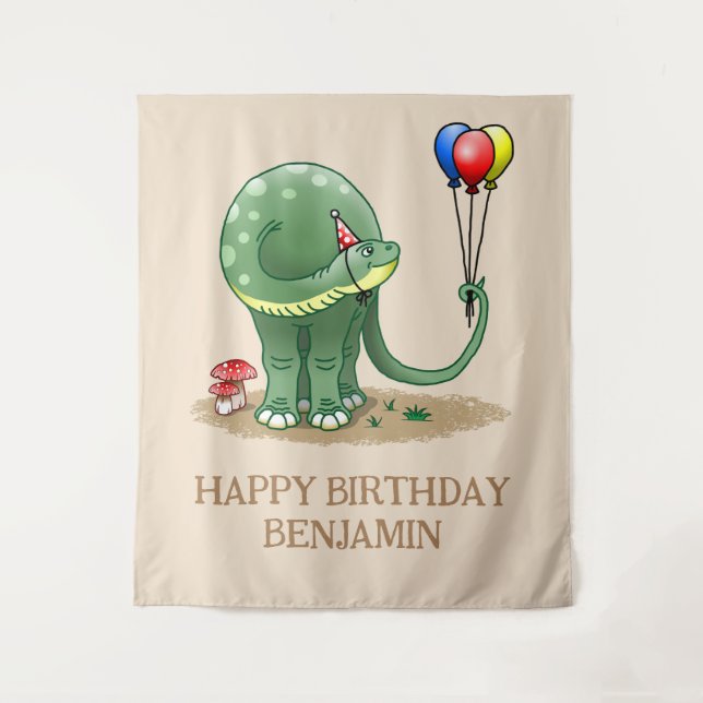Tapiz Cumpleaños de dinosaurio con globos (Anverso)