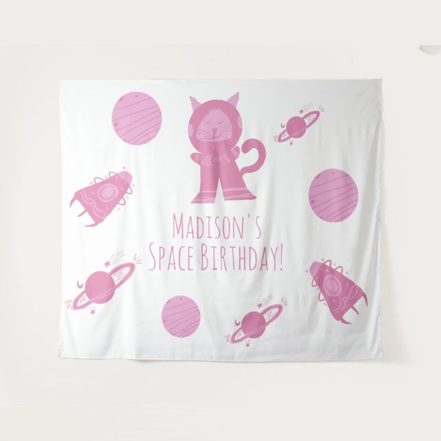 Tapiz Cumpleaños de la galaxia rosa del gato espacial    (Anverso (horizontal))