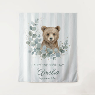 Tapiz Cumpleaños de oso marrón adorable acuarela