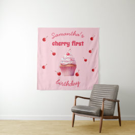 Tapiz Cumpleaños de Pink Baby First Cherry & Cupcake