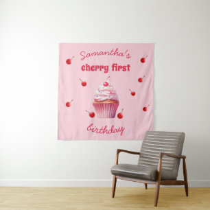 Tapiz Cumpleaños de Pink Baby First Cherry & Cupcake