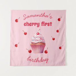 Tapiz Cumpleaños de Pink Baby First Cherry & Cupcake 