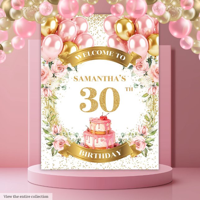 Tapiz Cumpleaños Dulces 30 Años Estandarte de Cumpleaños (Sweet 30th Birthday Blush Gold Birthday Banner)