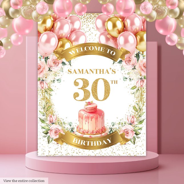 Tapiz Cumpleaños elegante 30 Aniversario Bandera de Cump (Fancy 30th Birthday Blush Gold Birthday Banner)