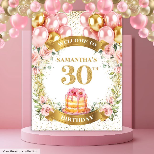 Tapiz Cumpleaños elegante 30 Cumpleaños Banner dorado ro (Stylish 30th Birthday Blush Gold Birthday Banner)