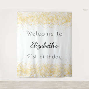 Tapiz Cumpleaños elegante bienvenida nombre dorado blanc
