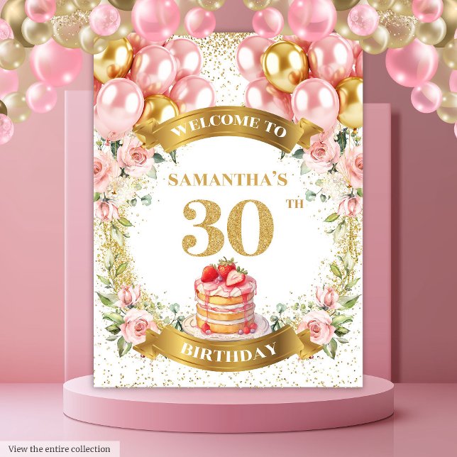 Tapiz Cumpleaños Encantador 30 Banderín Dorado Rosado (Charming 30th Birthday Blush Gold Banner)