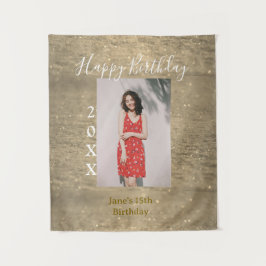 Tapiz Cumpleaños feliz 15 nombre foto año brillo dorado