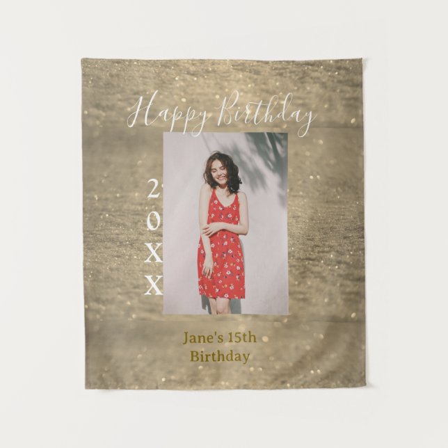 Tapiz Cumpleaños feliz 15 nombre foto año brillo dorado (Anverso)