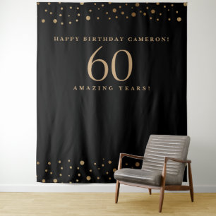 Tapiz Cumpleaños Feliz 60 Años Personalizable Dorado Neg