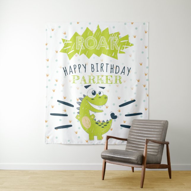 Tapiz Cumpleaños Feliz Dinosaurio Verde ROAR Personaliza (In situ)