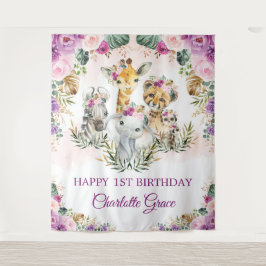 Tapiz Cumpleaños Feliz Safari de Animales Tono Morado